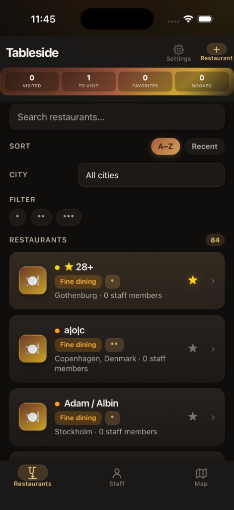 Tableside restaurant list with filters and Want to try