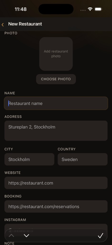 Add restaurant form with photo, address, and links