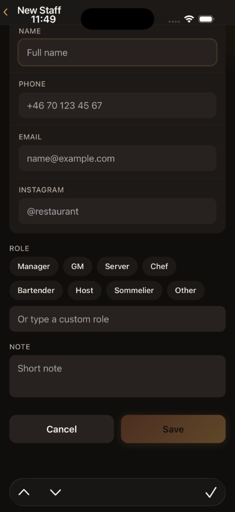 Add staff form with roles and contact details